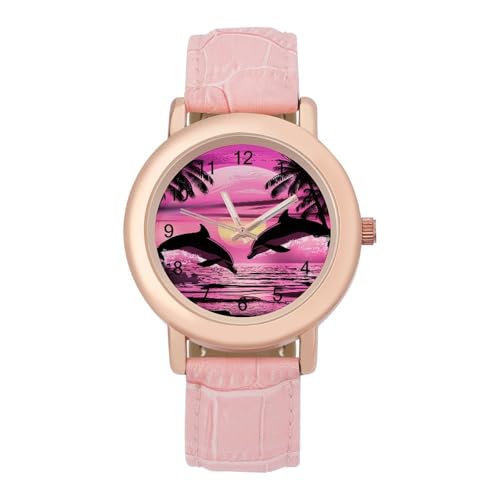 Image of Two Dolphins Sunset Palms Women's Fashion Watch Custom Wristwatches with Soft Strap Gifts for Birthday Anniversary