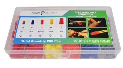 Image of POWER CONNECT 200 Pcs Assortment kit Screw Wire Connector Insulating Insert Twist Electrical Wire Connectors with Spring Portable Wire Caps, Quick Connector Electrical Caps Twist Nuts Caps
