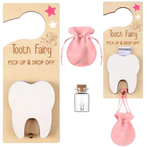 DoubleFill Fairy Tooth Gift Holder Bag Door Hanger Lost Teeth Keepsake Box Tooth Fairy Kit Stores Back to School Gift for Lost Teeth Boy Girl Primary School Classroom Gifts(Classic Pink)