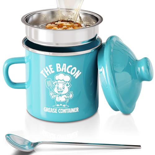 PGYARD Mini Bacon Grease Saver With Strainer - 15OZ Enamel Grease Container, Farmhouse Bacon Grease Keeper For Kitchen Fat Storage, Dishwasher Safe-Light Blue