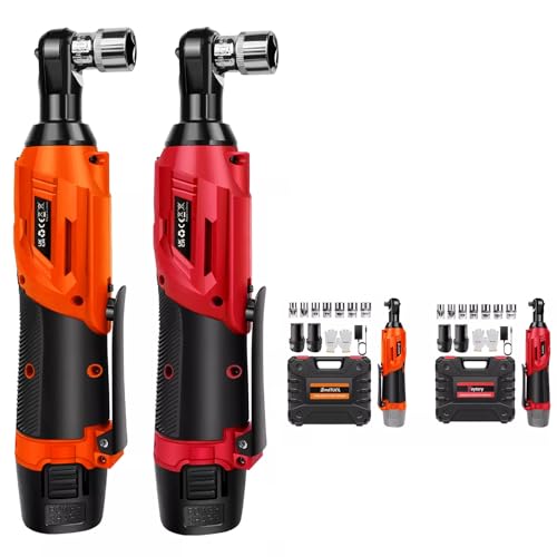 Lucn Red 500Nm Electric Cordless Right Ratchet 3/8 90 Angle Wrench Power 2 Battery Kit
