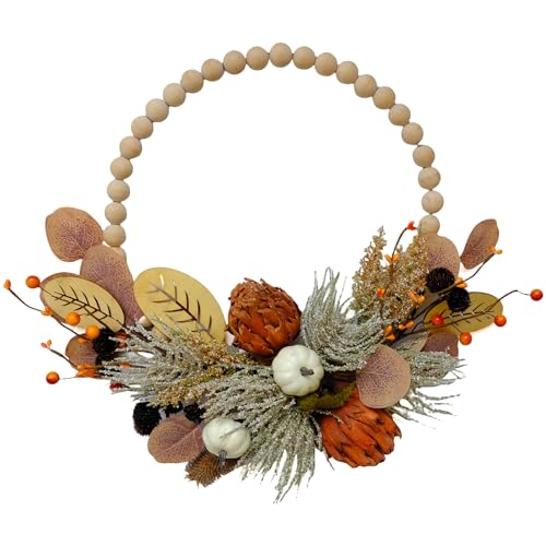 TEMPUS 16' Artificial Fall Wooden Beads Wreath with Leaves, Chrysanthemums & Mini Pumpkins - Handcrafted Harvest Decor for Front Door, Wall, Farmhouse (Indoor/Outdoor Use)