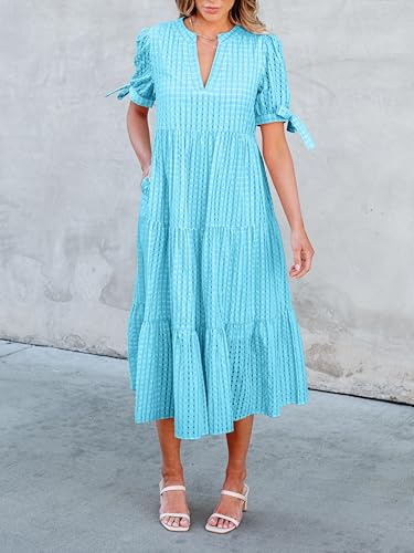 Image of Theenkoln Womens Casual Midi Dress: Short Sleeve V-Neck Empire Waist Gingham Spring Fashion Long Trendy Tiered Formal Dresses