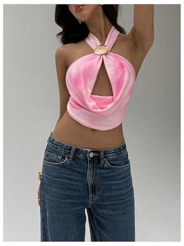 SHENHE Women's Sexy Halter Tops Backless Draped Front Cowl Neck Strapless Shell Crop Rave Tops4