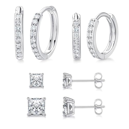 MDFUN Hoops Huggie Stud Earrings Set 14K White Gold Plated Cubic Zirconia Earring for Women Pack of 2/5 Pairs
