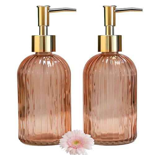 YYTSGG Glass Soap Dispenser with Gold Plastic Pump 13.5oz Refillable Liquid Hand Soap Dispenser 2 Pack Crystal Lotion Bottle for Modern Home Decor Bathroom Kitchen Countertop Hotel(Orange)