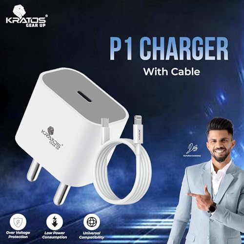 Image of Kratos 20W Original Charger with Lightning Cable Compatible with iPhone14 /13 /12 /11 /10 /9 /8 /7 /X /Xr Series, Cable Length 1.2 Mtr, MFi Certified Adapter | White