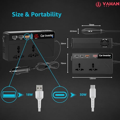 Image of 200W Car Power Inverter | 12V DC to 220V AC Converter for Cars | 2 AC Outlets, USB & Type-C PD Fast Charging | QC 3.0 | LED Display | Portable Adapter for Travel, Laptop, Phone
