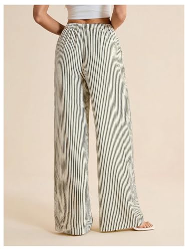 Women's Striped Wide Leg Pants Drawstring Waist Long Trousers Casual Lounge Pants3