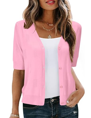 AKEWEI Short Sleeve Cardigan Sweaters for Women V Neck Light Weight Summer Cardigan Fashion Clothes(Pink,Large)