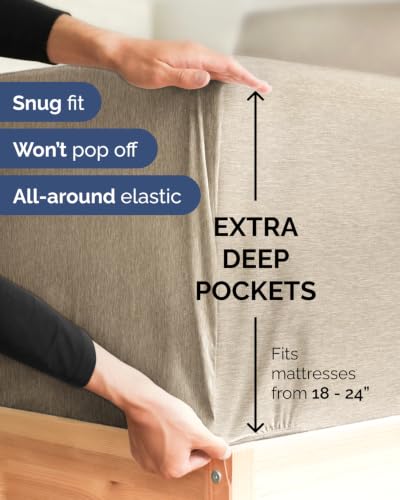 Image of Extra Deep Flex Top Split Head King Sheet Set - 6 Piece Breathable and Cooling Sheets - Hotel Luxury Bedding for Women, Men, Kids & Teens - Easy Secure Fit - Extra Deep Pockets - Heathered Beige