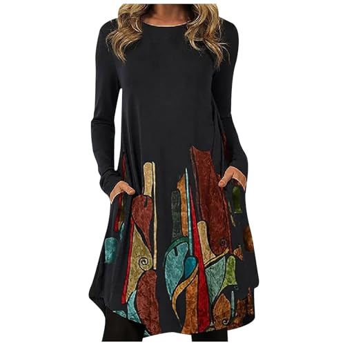 Tunic Dress for Women Casual Crew Neck Long Sleeve Vintage Printed T Shirt Dress Comfy Loose Swing Midi Dress Trendy Pullover