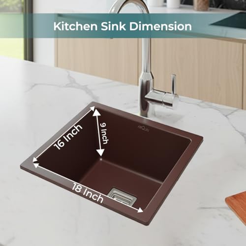 Image of ARQUIN Quartz Kitchen Sink 18x16x9 Inch Brown | Single Bowl Sink | Durable & Scratch-Resistant | Undermount /Topmount Including Coupling, Waste Pipe & Fruit Washing Basket