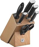 zwilling twin messerset Lieferumfang: 1x ZWILLING Twin Four Star II Messerblock, 7-tlg., 1 Spick-/Garniermesser (10 cm/6 g), 1 Universalmesser (13 cm/7 g), 1 Kochmesser (20 cm/22 g), 1 Brotmesser (20 cm/16 g), 1 Wetzstahl, 1 Messerblock, 1 Vielzweckschere (9,5 cm) Material: Rostfreier Spezialstahl/Kunststoff-Griffe, 33414-000-0