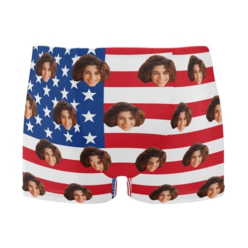 Custom Face American Flag Funny Men's Swim Briefs Athletic Bathing Suit Square Leg Board Short for Men L