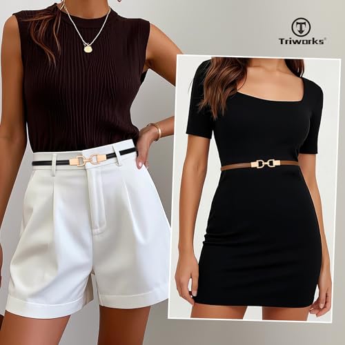 2 Pack Skinny Leather Belts for Women Thin Waist Belts with Adjustable Gold Buckle for Dresses, Coats and Jeans3