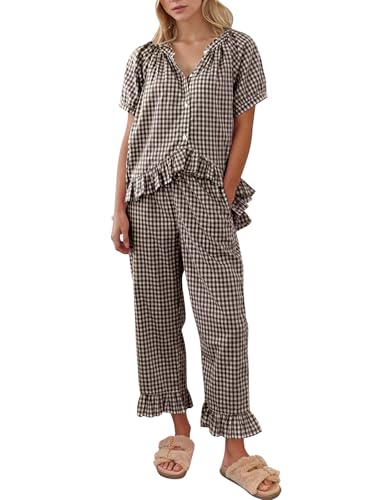 COZYPOIN Womens Gingham Pajama Set 2 Piece Plaid Cotton Pjs Cute Ruffle Sleepwear Maternity Bridesmaid Pajamas Loungewear