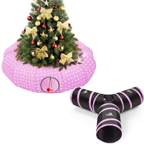 Image of Pawaboo Cat Tunnel Bed Under Christmas Tree, 35.4'' Christmas Cat Toy Circle Tunnel with Toy Ball, Decorative Festive Foldable Kitty Tube Tunnels for Cats Small Animal, Pink