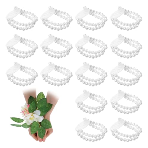 16 Pcs Wrist Corsage Bracelets, Elastic Faux Pearl Bead Corsage Wristlet Elastic for Bride Bridesmaid DIY, Wrist Corsages for Prom Wedding, Stretch Wedding Wristband (White)
