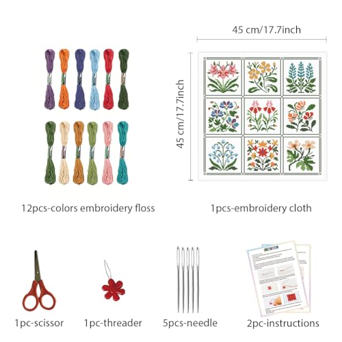 Image of FREEBLOSS 11CT Cross Stitch Kit Stamped Cross Stitch Craft Kit with Stitching Guide for Beginners Floral Folk Pattern Embroidery Set Crossstitch Wall Hanging Set 17x17inch