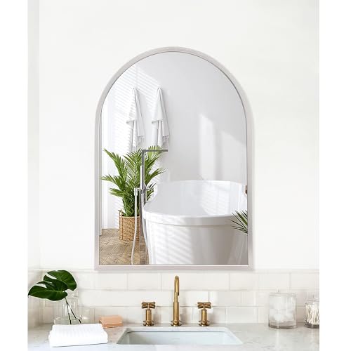Image of Arched Bathroom Mirror, 20 inchx16 inch Arch Metal Framed Mirror for Wall, Decor Vanity Mirrors for Living Room Bedroom Entryway Silver
