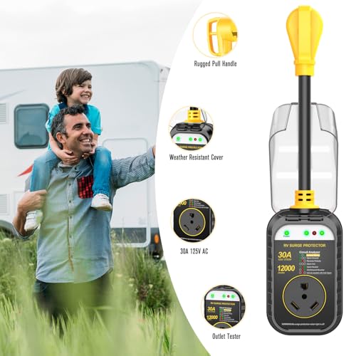 Image of GEARGO RV Surge Protectors 30 Amp, 12000 Joules RV Circuit Analyzer, IP68 Surge Voltage Protection, RV Adapter Plug for Camper (Yellow)