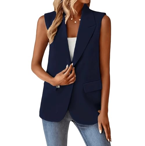 Chaleco Mujer Vestir,Blazer Sin Mangas para Mujer, Estilo Vintage, con Solapa con Muescas, Largo, para Oficina, con Forro Completo, Chaqueta De Un Botón con Bolsillos, Talla Grande, Azul Marino, L