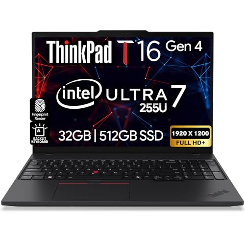 Image of Lenovo ThinkPad T16 Gen 4 Business Laptop, 16 inch WUXGA IPS Display, Intel Core Ultra 7 255U (Beats i7-1355U), 32GB DDR5 RAM, 512GB SSD, WiFi 6E, Backlit KB, Fingerprint Reader, Windows 11 Pro - Black