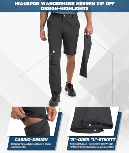 Hiauspor Wanderhose-Herren-Zip-Off-Outdoorhose-Sommer-Leicht-Trekkinghose-Atmungsaktiv-Schnell-Trockend-Funktionshose-Softshellhose-mit-5-Tiefe-Taschen (L, Dunkelgrau)