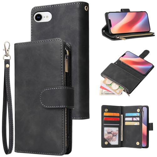 Coque iPhone 17e/16e QLTYPRI étui portefeuille en cuir PU rétro noir