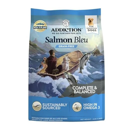 Addiction Salmon Bleu Grain-Free Dry Dog Food - Rich in Prebiotics to Support Skin, Coat & Cognitive Health - Salmon Recipe for All Dog Life Stages - Made in New Zealand 4 lb