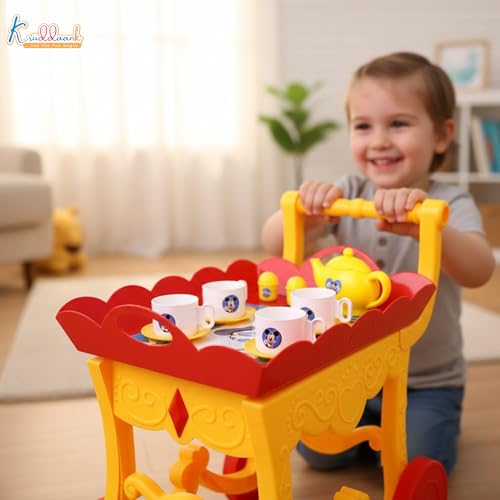 Image of Mickey Tea Trolley - 32 Pcs Disney Character Pretend Play Tea Set for Kids with Lights, Sounds, Electronic Kettle & Saucers, Fun Educational Kitchen Toy for Boys & Girls Age 3+, Red