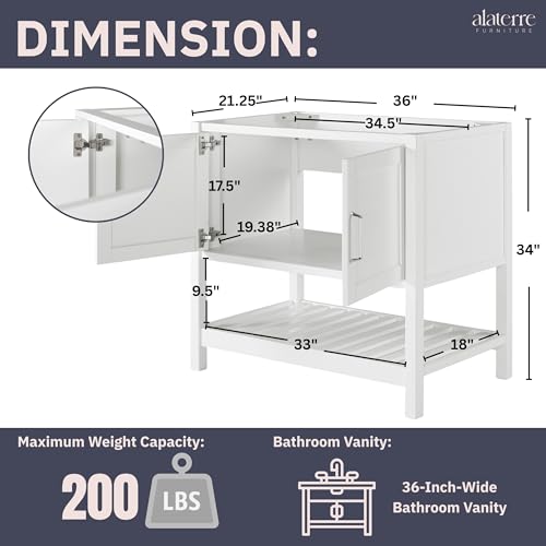 Image of Alaterre Furniture Bennet Bathroom Vanity Cabinet with Soft-Close Shaker Doors and Open Shelf - 36-Inch Freestanding Wood Vanity Without Sink - Single Sink Base (White)