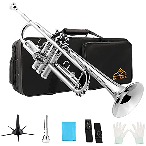 Eastrock Trumpet Standard Brass Bb Nickel Plated Trumpet Instrument with Hard Case, Five Legs Trumpet Stand,Gloves, 7C Mouthpiece and Valve Oil for Student Beginner