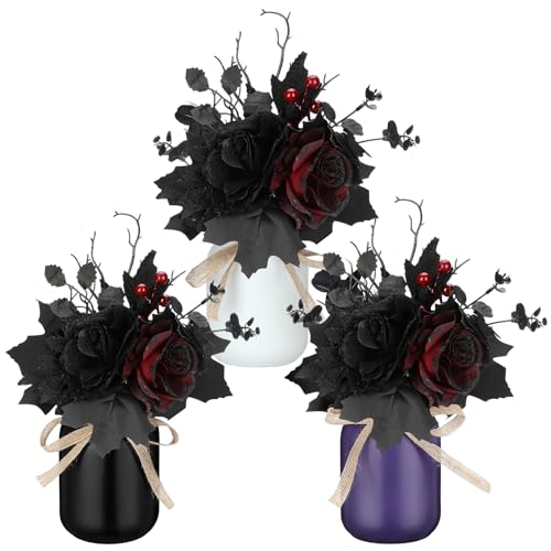 Gejoy 3 Pcs Halloween Table Decor Set Mason Jar with Artificial Flower...