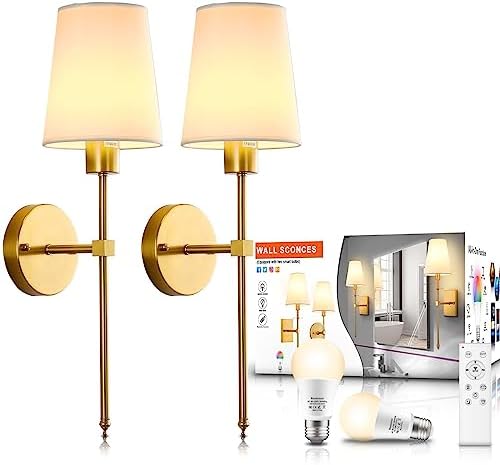 ROOICOXX Wall Sconce Battery Operated Light Set of 2, Battery Powered Wall Sconce with Smart Bulb Remote Control by Phone,for Bedroom Living Room Corridor Kitchen Farmhouse, Gold