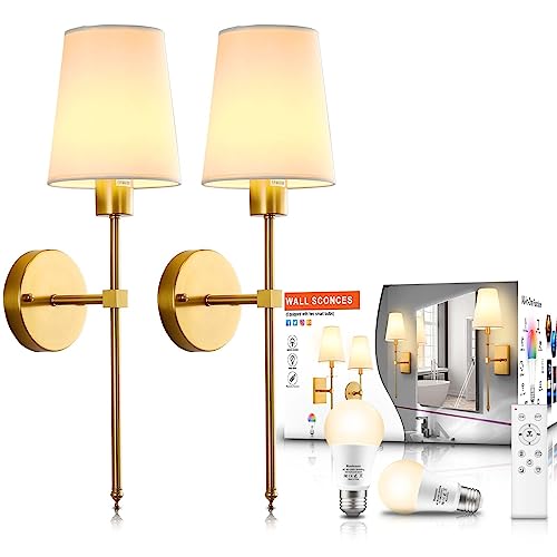 Rooicoxx Wall Sconce Battery Operated Light Set Of 2, Battery Powered Wall Sconce With Smart Bulb Remote Control By Phone,For Bedroom Living Room Corridor Kitchen Farmhouse, Gold #TOP2