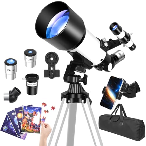 YENGUAN Telescopio Refractor 70/400 para Niños y Principiantes, Telescopio Astronómico Portátil con Trípode, 2 Oculares, Bolsa y 4 Puzzles Educativos de Ciencias para Observar Luna y Estrellas