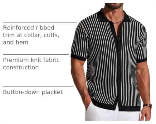 Image of COOFANDY Mens Knit Button Down Shirts Short Sleeve Polo Shirt Vintage Striped Casual Shirts
