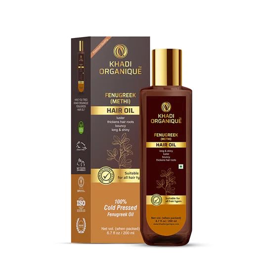 Image of KHADI ORGANIQUE Fenugreek Hair Oil | For Hair Growth & Thickness | Reduces HairFall, Dandruff, Baldness & Itchiness | Nourishes Roots, Adds Shine & Helps to Prevents Premature Greying - 200 ml