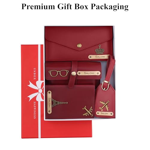 Image of AICA Personalised Name & Charm Womens Leather Combo Gift Set (Wine) | Gifts for Women| Customised Gift Hamper for Woman | Gifts for Woman