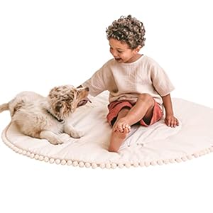MINICAMP Gewatteerde babyspeelmatten, buiktijd en babygym vloermat, babyactiviteitenmat voor vloerspelen, ronde tipi vloermat, 100% OEKO-TEX® katoenen kinderkamer tapijten, 45″ breed met pom pom decor