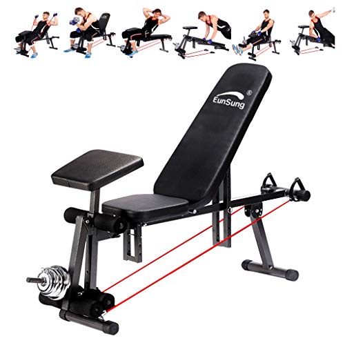 GBSELL Barbell Bench, Weight Bench Adjustable, Strength Training Olympic Weight Benches with Support Arm Plate and Rope, Ab Sit Up Weightlifting Bench Foldable, Workout Fitness Incline Decline Bench