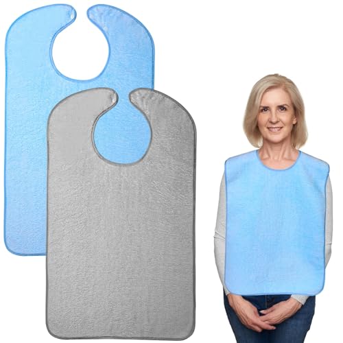 CXWPDD 2 Pack Adult Bibs for Men and Women Terry Cloth for Eating Super Absorbent and Washable Adjustable Bib for Elderly Clothing Protectors Blue and Gray