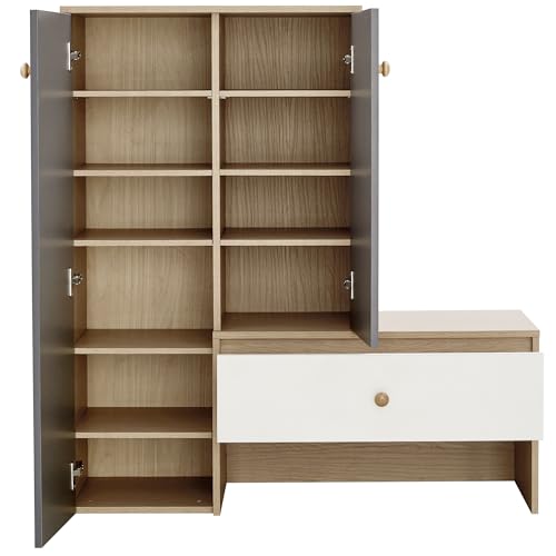 roomfitters 12 Pair Shoe Storage Organizer with Bench, 6-Tier Shoe Cabinet with Adjustable Shelves for Entryway and Hallway, Grey
