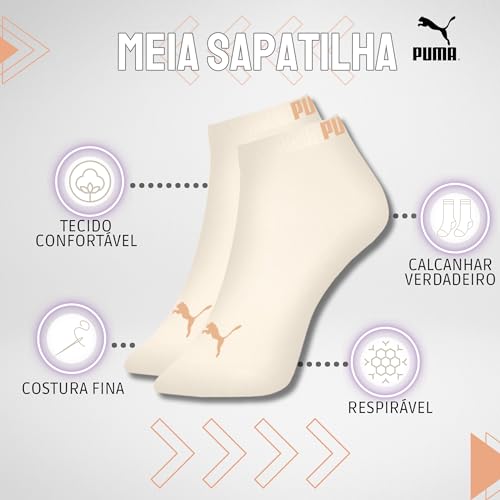 Kit 06 Pares de Meia Puma Feminina Sapatilha Adulto | 34-39 | 4 Brancas - 1 Marfim - 1 Pêssego