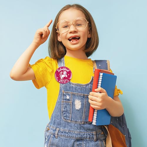 BOOMTOP Schulkind 2025 Button Pin Anstecker Mädchen Schulkinder Geschenke Einschulung Einhorn Ansteckbutton Mädchen Schultütendekoration Rosa zum Schulanfang Schulstart 58mm