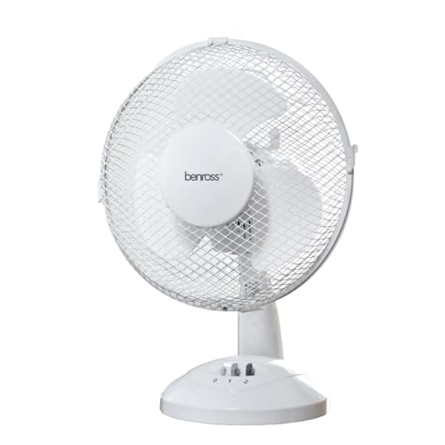 Benross 43910 9-Inch Standing Desk Fan/Easy Push Control Buttons / 2 Speed Settings/Oscillating Head/Safety Guard/Use in Home, Office, Commercial & More / 20W