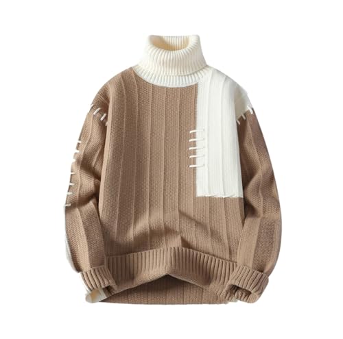 Men's Winter Fashion Turtleneck Sweater Patchwork Casual Warm Loose Knitted Pullover