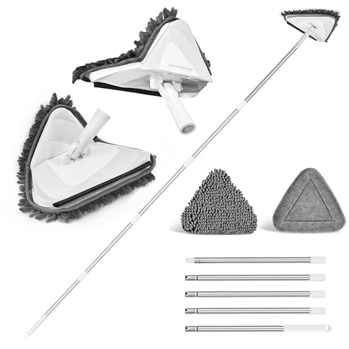 JEHONN Mopa para Limpiar Azulejos y Paredes, Mejorado Fregona Techo Triangular Giratoria 360°, Trapeador Microfibra Extensible hasta 202 cm, Esfregona Fregar Suelos, Ventanas Altos (Blanco)